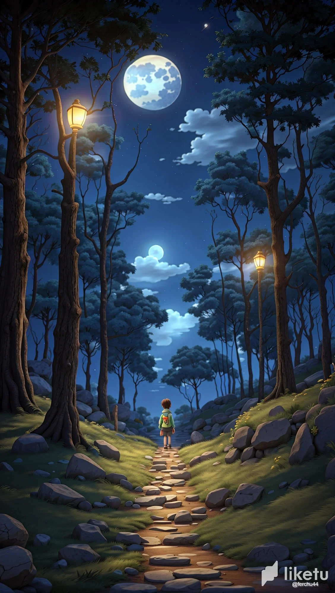 clms3cjwh034p0iszaodsa9sc_3D_Animation_Style_camino_de_piedra_en_un_bosque_de_noche_con_3.webp